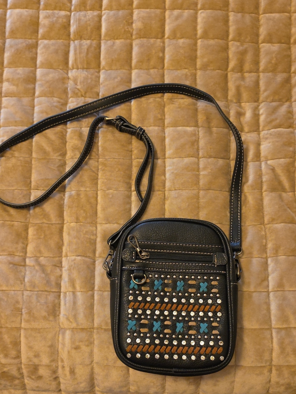 Black Studded Crossbody Bag with Turquoise Accents